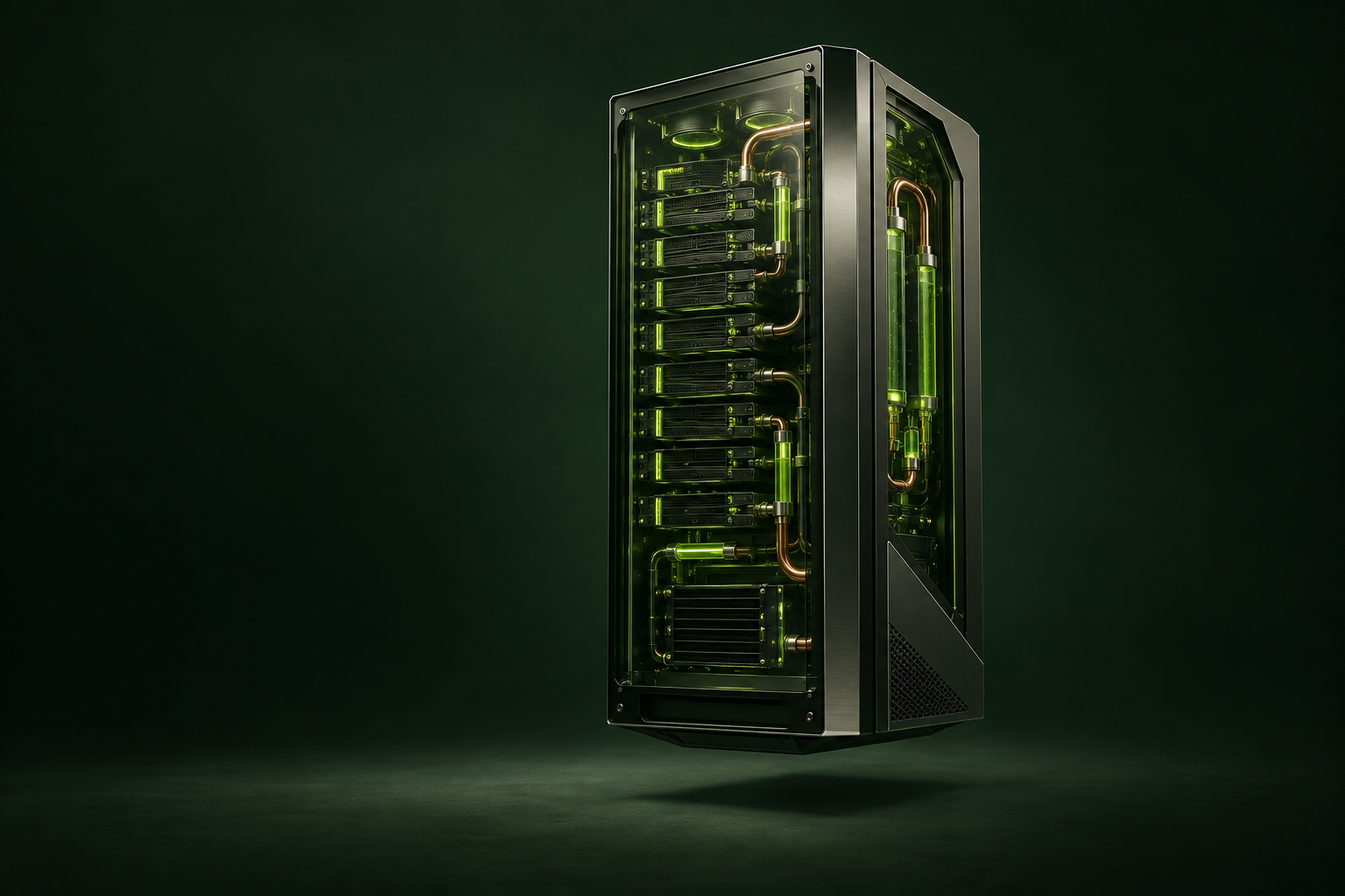 Conceptual illustration of a liquid-cooled compute tower with heat-recovery pipework